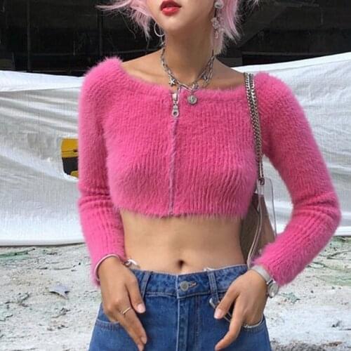 Female Sweaters Front Zip Off-Shoulder Horizontal Neck Furry Sweet Pink Slim-Fit Knit Top Retro Slim Sweaters Cardigan y2k goth