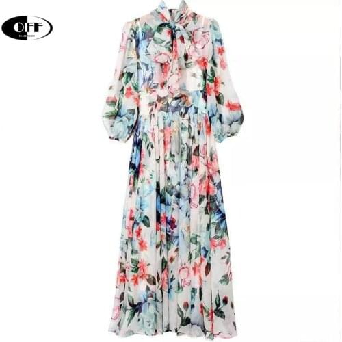 2021 summer long floral vacation dress womens elegant bow long sleeve printed beach Bohemia a-line midi-long dresses vestidos Z