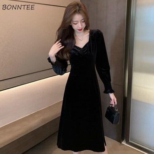 Dress Women Square Collar Empire French Vintage Temperament Elegant Korean Style Autumn Feminino Vestidos Solid Long Sleeve Chic