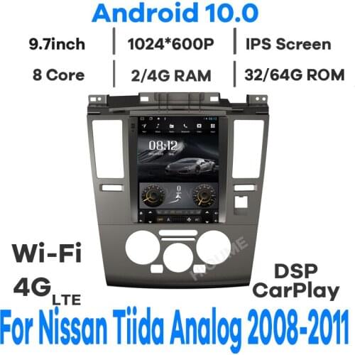 9.7" 4core Android 10 Tesla Screen Car Multimedia GPS player For Nissan Tiida Manual AC 2008-2011 Radio Stereo 4G wifi Carplay