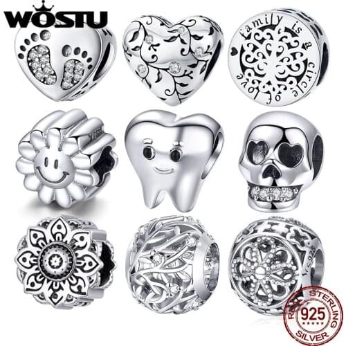 WOSTU Authentic 925 Sterling Silver Heart Tooth Beads Charms Pendant Fit Bracelets Women Party DIY Fine Jewelry Gift Making