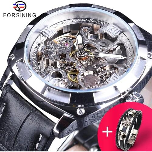 Forsining Watch + Bracelet Set Combination Sport Black Silver Open Work Clock Luminous Waterproof Mens Automatic Wrist Watches