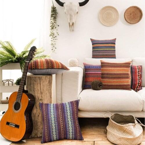 Decorative Pillows Bohemian Retro Stripe Throw Pillow Cover For Couch Sofa Bed, Set of 4 Blend Linen Cushion Cover