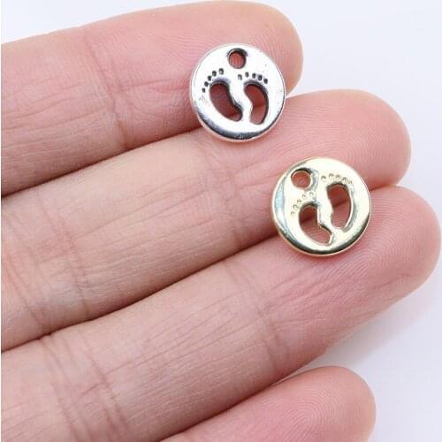 Eruifa 20pcs 10mm Tiny Round Coin Lovely Feet Zinc alloy Charms Pendant Jewelry DIY Handmade Necklae 2 Colors