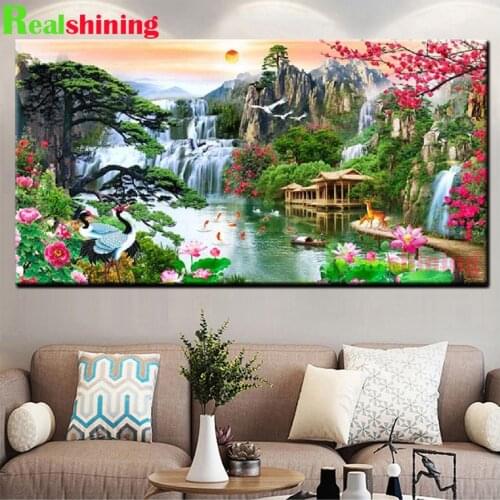 Large sunset birds lake waterfall natural landscape 5d art DIY diamond painting full diamond embroidery kits cross-stitch N2082