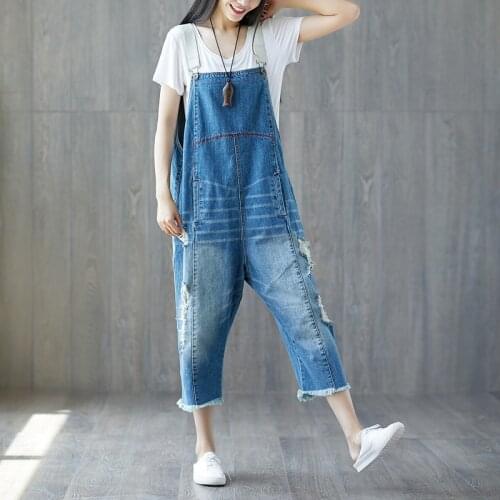Mori Girl Baggy Jumpsuit Bleached Scratched Calf-Length Pants Holes Ripped Bib Denim Rompers boyfriend Harem Overalls YT612