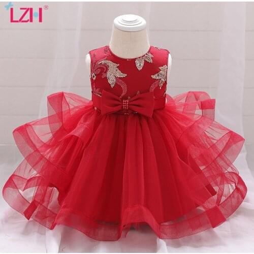 LZH Infant Red Christmas Dresses 2021 New Baby Girls Embroidered Sequined Sleeveless Dress Bow Net Gauze Skirt Princess Dress