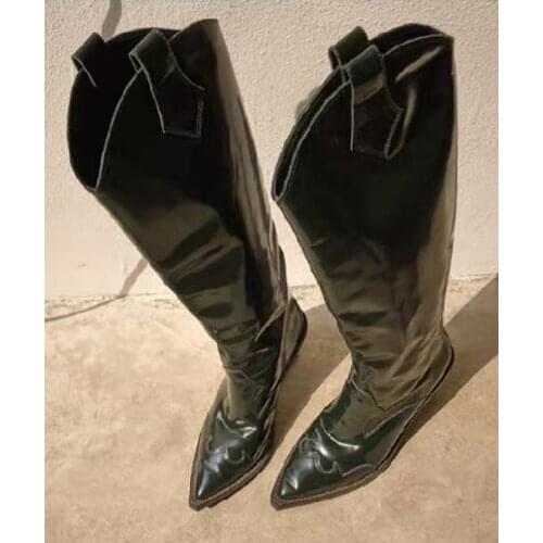 New 2019 Spring Black/Green Patent Leather Pointed Toe V Shape Open Slip On Transparent Wedge 85 mm Heels Knee High Long Boots