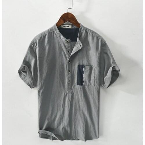 RC130 Linen Cotton Pullover Shirt Men Summer Casual Simple Japan Style Youth Handsome Pocket Button Contrast Color Wash Thin Top
