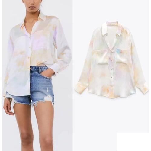Za Summer Satin Tie-dye Shirts Women Vintage Lapel V-neck Long Sleeve Tops Casual Loose Patch Pockets Metal Button Female Shirt