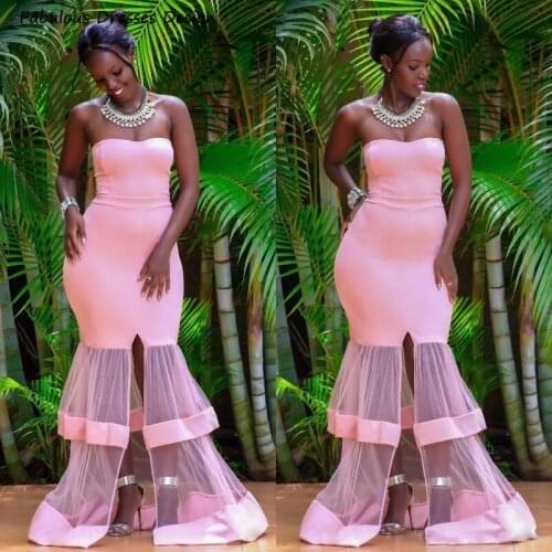 Sexy Strapless Split Mermaid Evening Dresses 2021 Pink Tiered 2021 African Long Prom Dress For Women Robe De Soiree De Mariage