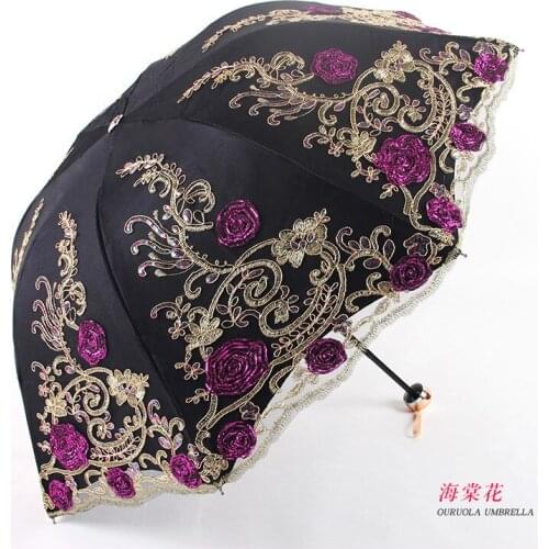 Three-Fold Lace Double-Layer Embroidery Umbrella Black Glue UV Protection Sun Umbrella Sunny Umbrella