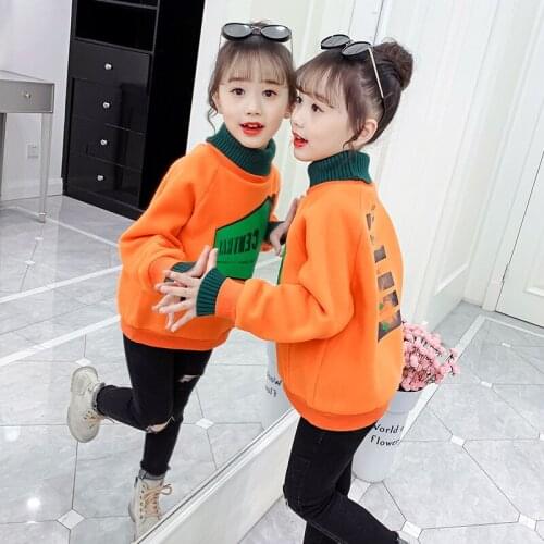 Girls' Hoodies Sweatshirts Kids Underwear 2021 Turtleneck Plus Velvet Thicken Warm Winter Autumn Cotton Tops Fleece Childrens C
