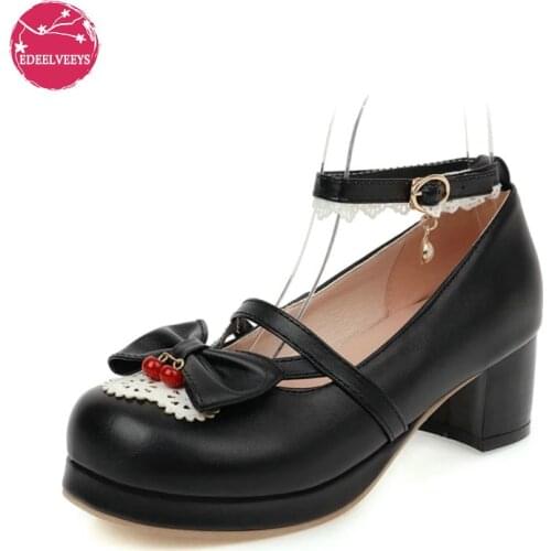 Japanese Girls Lolita Shoes Women Sweet Cherry Bow-knot JK Style Kawaii Princess Cosplay Party Wear Pumps Round Head PU Leather