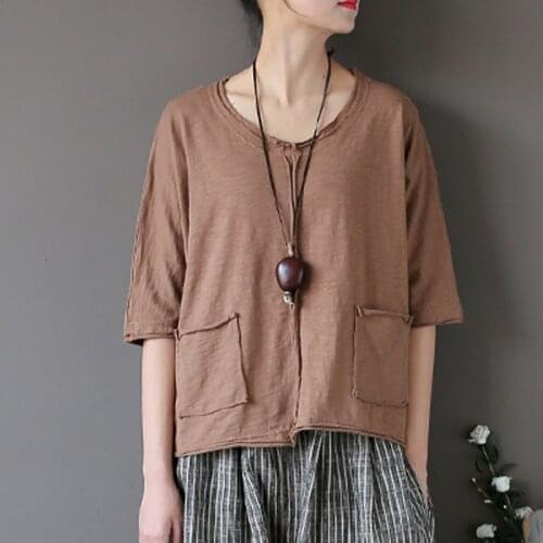 Johnature Casual T-Shirts 2020 New Summer Women Cotton Patchwork Breathable Half Sleeve Solid Loose O-Neck Pockets Tops