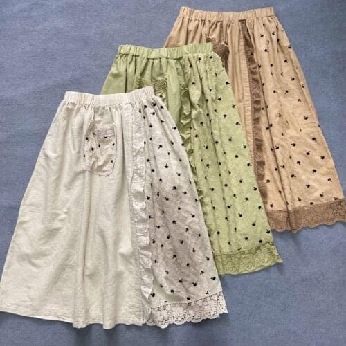 Johnature Japanese New Linen Women Skirts 2021 Summer Patchwork Loose Elastic Waist Ruffles 3 Colors Female Skirts