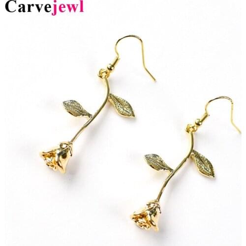 Carvejewl Female Gold Color Metal Rose Flowers drop dangle Earrings For Woman jewelry Romantic Delicate Rose Earrings Wholesale