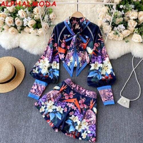 ALPHALMODA 2021 New Womens Printed Shirt High Waist Wide Leg Shorts 2pcs Retro Suits Bow Collar Court Style Clothes Set
