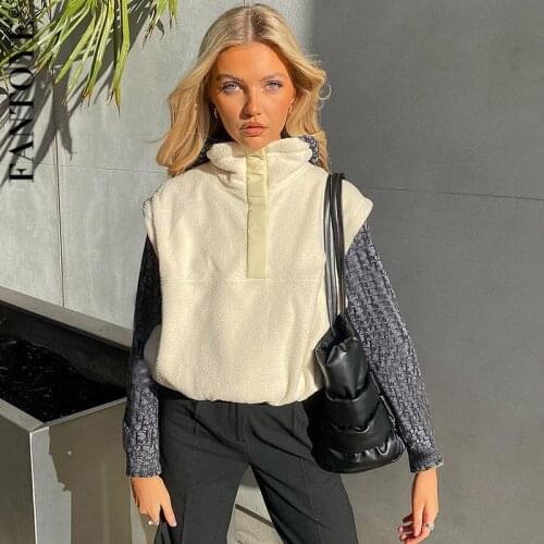 Fantoye Fashion Turtleneck Button Loose women Top White Sleeveless Thick Short Top Ladies Winter Streetwear Outdoor Warm Clothes