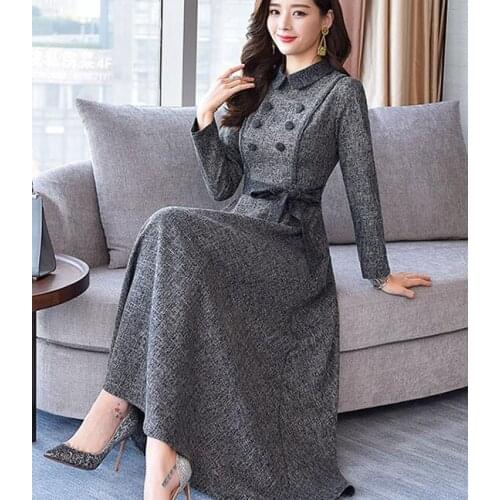 M-3XL 2021 Spring New Arrival Elegant Peter Pan Collar Solid Color Collect Waist Long Sleeve Woman Long Dress