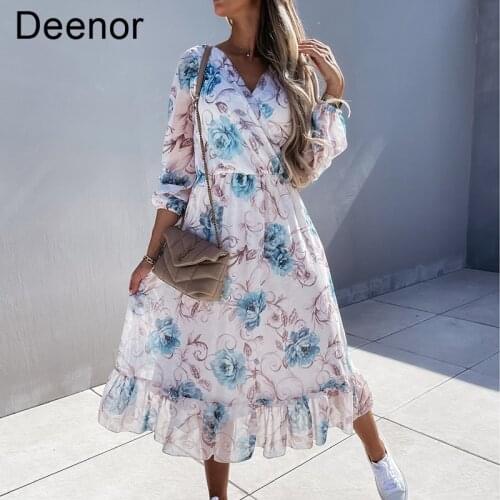 Deenor Floral Chiffon Midi Dresses for Women V-neck Elegant Loose Long Sleeve Pullover Female Dress Lady Korean Style Dress