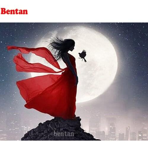 Diamond Painting Full Square Round Drill Red Dress Girl Moon Night View Diamond Embroidery Home Decor Gift Cross Stitch Kit Gift