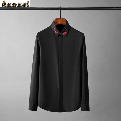 Azazel Cotton Male Shirts High Quality Long Sleeve Red Plum Blossom Embroidery Casual Mens Dress Shirts Slim Fit Party Man Shrit