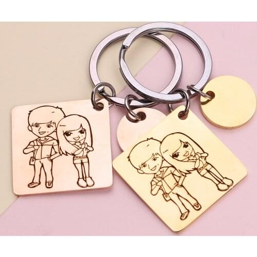 Custom Drawing Keychains Square Stainless Steel Lovers Keychain Photo Jewelry Couples Keyring Engrave Jewelry Memorial Gift