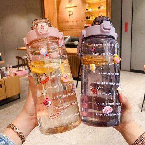 Stickers Water Bottle with Straw 2000ml Cute Portable Scale Bottle for Water Outdoor Travel Kettle for Adult Student Drink Jugs