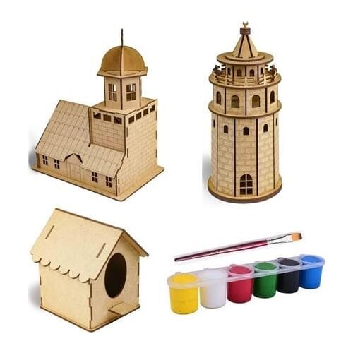 WOODEN MODEL,GALATA AND KZ TOWER 3-PIECE SET, MODEL PAINTING SET, PUZZLE, ACRYLIC PAINT, BRUSH