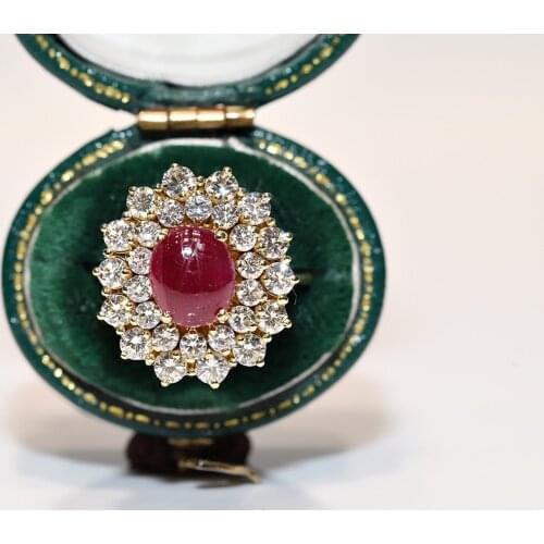 Perfect Old Original 18K Gold Vintage Natural Diamond and Cabochon Ruby Decorated Strong Ring