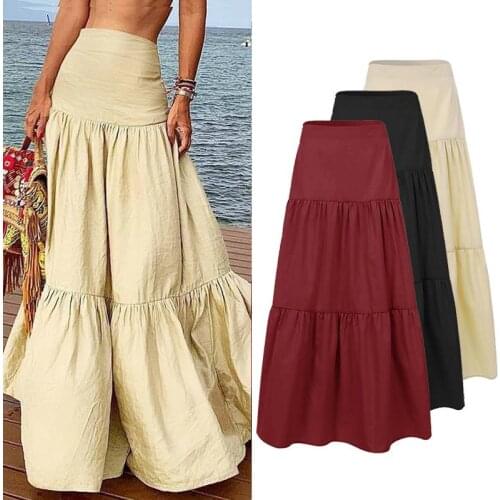2021 Summer Bohemian Long Maxi Skirts ZANZEA Women High Waist Ruffles Skirts Casual A-line Side Zipper Up Vestidos