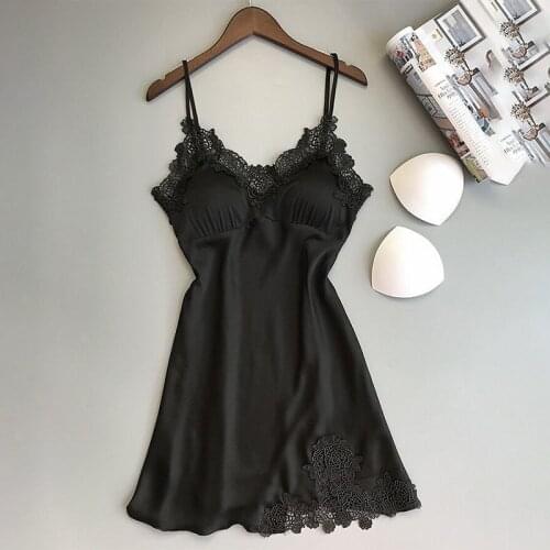 Fashionable Women Sexy Sleepwear Pijama Home Wear Home Clothing Sleep Lounge Pyjama Solid Color Nightdress with Chest Pads