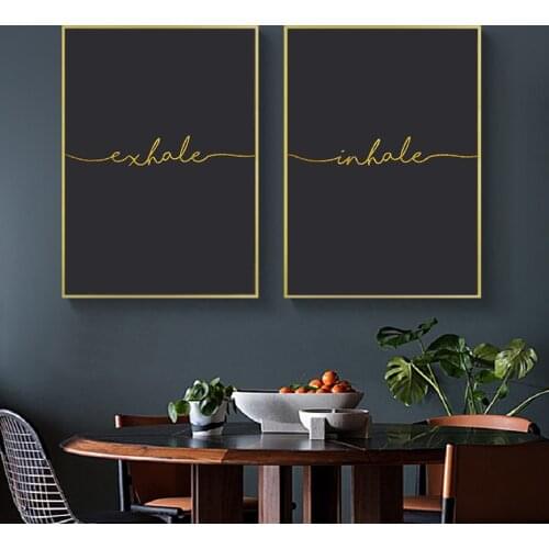 Black Gold Silver Inhale Exhale Wall Art Prints Posters Minimalist Letters Quotes Canvas Painting for Living Room Home Decor