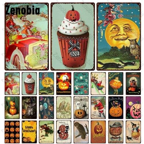 Cupcake Vintage Metal Poster Tin Plate Pumpkin Decorative and Kind of Birds Wall Art Sticker Plaque for Halloween Home Decor
