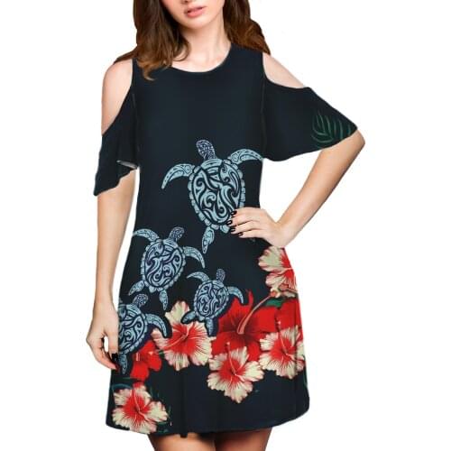 Hycool Wholesale Traditional Tribal Sea Turtle Print Women Casual Summer Dress Elegant Midi Date Dress Vintage Daily Life Dress