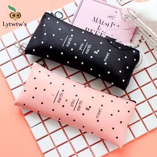 1 Piece Lytwtws Dot Letter Pen Pencil Bag Leather School Office Supply Stationery Makeup Pouch Cosmetics Case Cute Gift Elegant