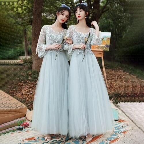 Bridesmaids Dresses Illusion V-Neck Appliques Embroidery Pearls A-Line Three Quarter Floor-Length Women Wedding Party Gown E395