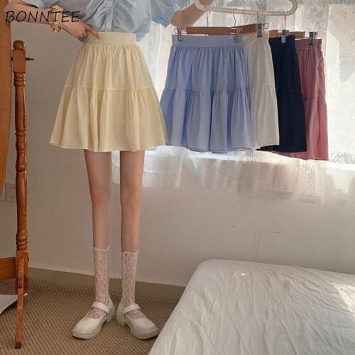 Mini Pleated Skirts Women Solid Ruffles Japanese Style Elastic Waist Kawaii Preppy Chic Trendy Popular College Harajuku Summer
