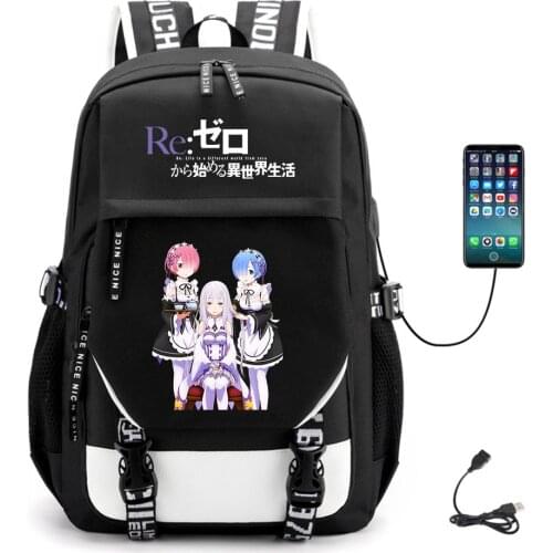Anime Re:Life In A Different World From Zero USB Backpack Casual Fabric Unisex Packsack Canvas Schoolbag High Quality Laptop Bag