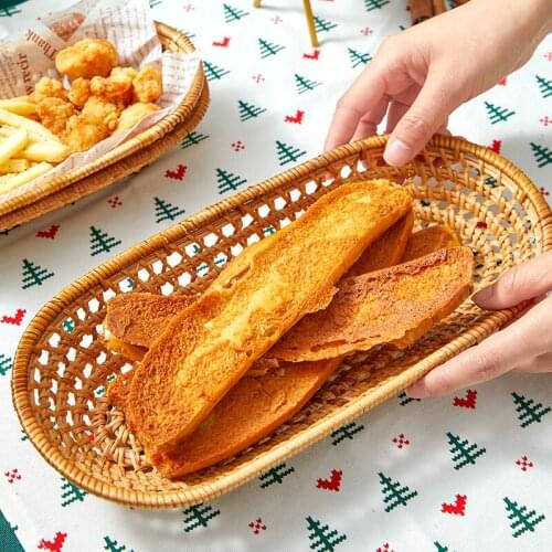 Rattan Food Tray Handwoven Bread Toast Basket Japanese Style Snack Breakfast Plate Candy Dessert Storage Tray Kitchen Organizer