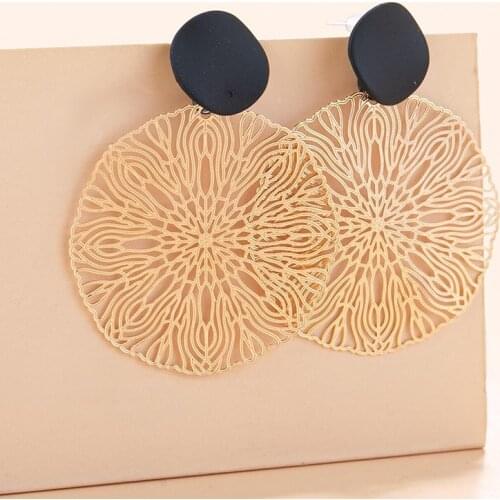 Docona Elegant Carving Big Flowers Drop Dangle Earrings for Women Geometry Hollow Gold Alloy Metal Earring Jewelry серьги 19789