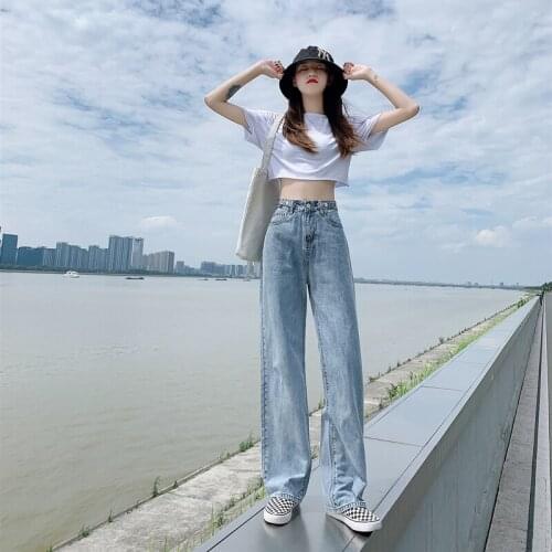 Korean Womens Jeans Simple And Versatile High-Waist Wide-Leg Pants Adjustable Waist Womens Loose Casual Chic Denim Trousers