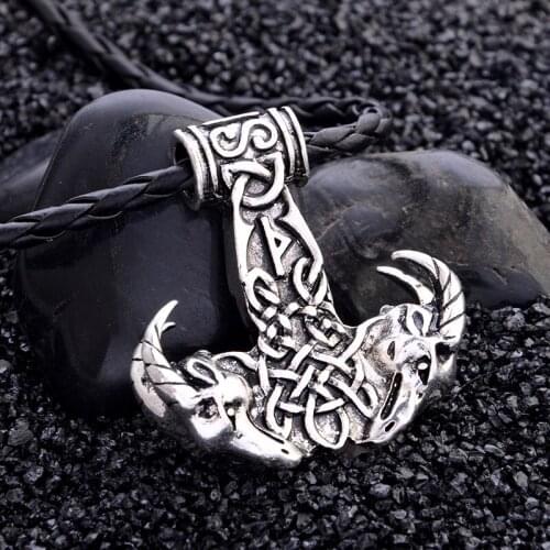 Vintage Viking Jewelry Celts Sign Engraved Double Goat Head Hammer Pendant Necklace Men Braided Rope Chain Necklace Gold Silver