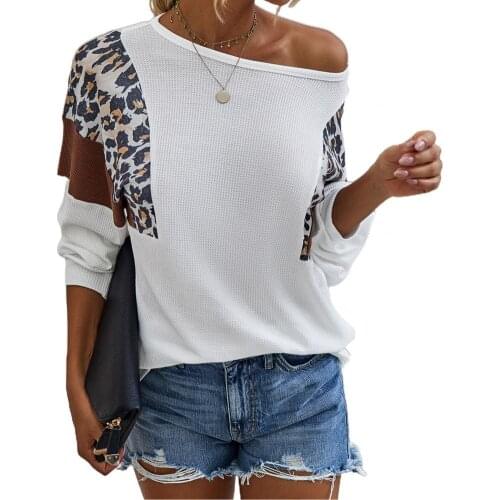 Women Long Sleeve O Neck One Shoulder Blouse Top Leopard Patchwork Pullover