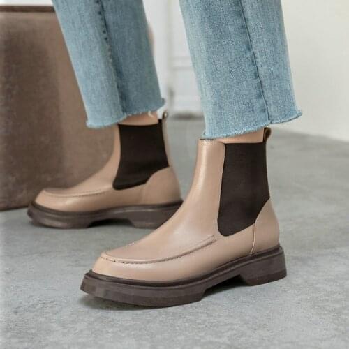 Genuine Leather Knitting Thick Low Heels Womens Ankle Boots Round Toe Pumps Autumn Working Party Shoes Woman