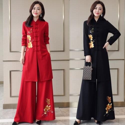 2019 New Arrival Korean fashion clothing ladies elegant pant suits lantern sleeve embroidered fall fashion women suits AA4622