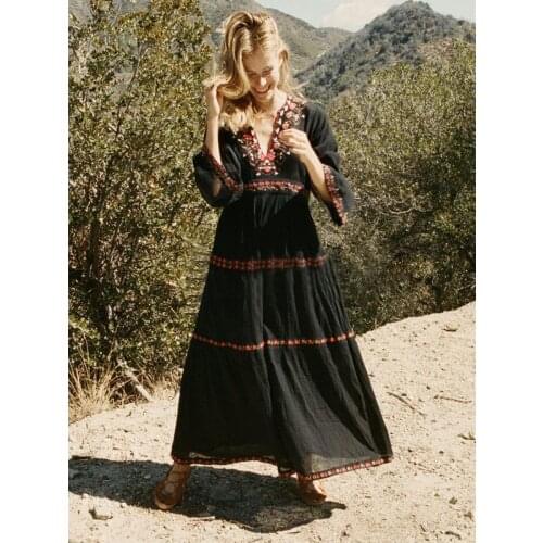 Black Floral Maxi Dress Women Summer Long Sleeve V neck Embroidery Chic 2020 Beach Clothes Boho Vintage Hippie Sexy Long Dress