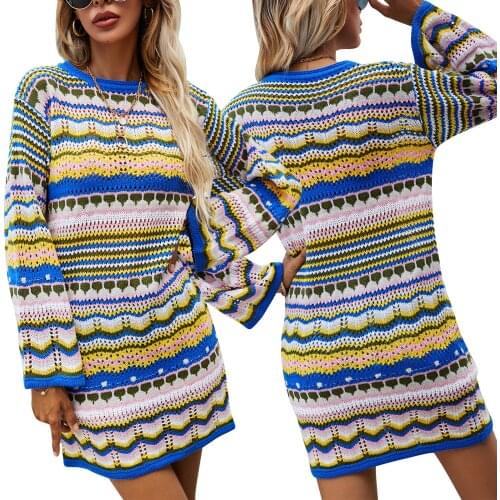 Womens Sexy Bodycon Mini Dress Bohemian Long Sleeve Crew Neck Hollow Out Dress