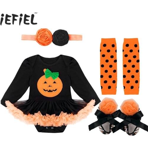 4 Pcs Infant Baby Girls Halloween Clothing Pumpkin Romper with Headband Leg Shoes Outfits Toddler Jumpsuit Tutu Dress Costumes